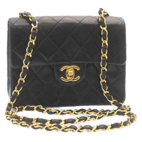 CHANEL Mini Matelasse Chain Flap Shoulder Bag Lamb Skin Black Gold Auth 28471AM - Picture 1 of 16